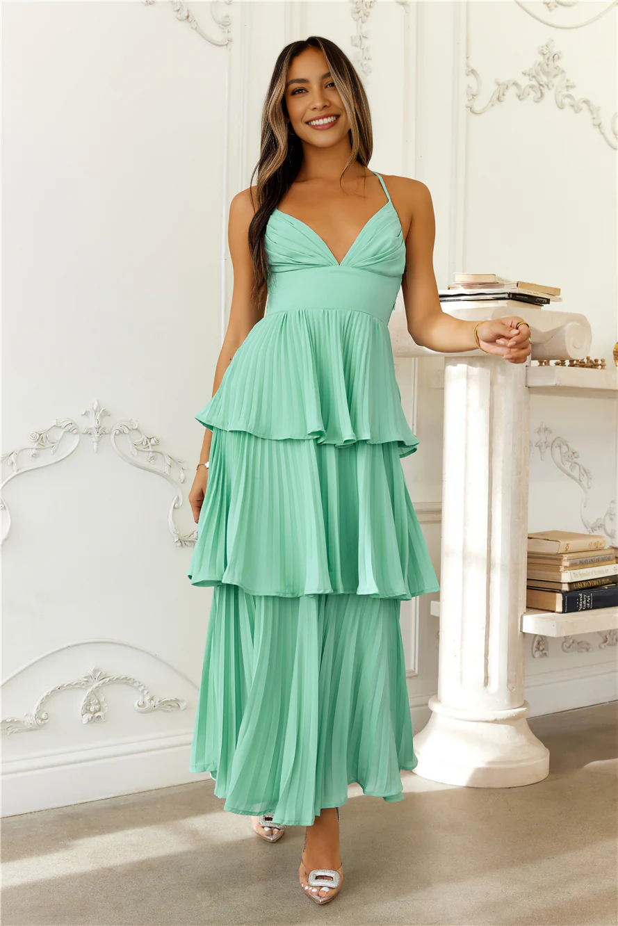 A-line Flowy Tiered Sleeveless Chiffon Maxi Pleated Cross-Back Bridesmaid Dress