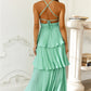 A-line Flowy Tiered Sleeveless Chiffon Maxi Pleated Cross-Back Bridesmaid Dress