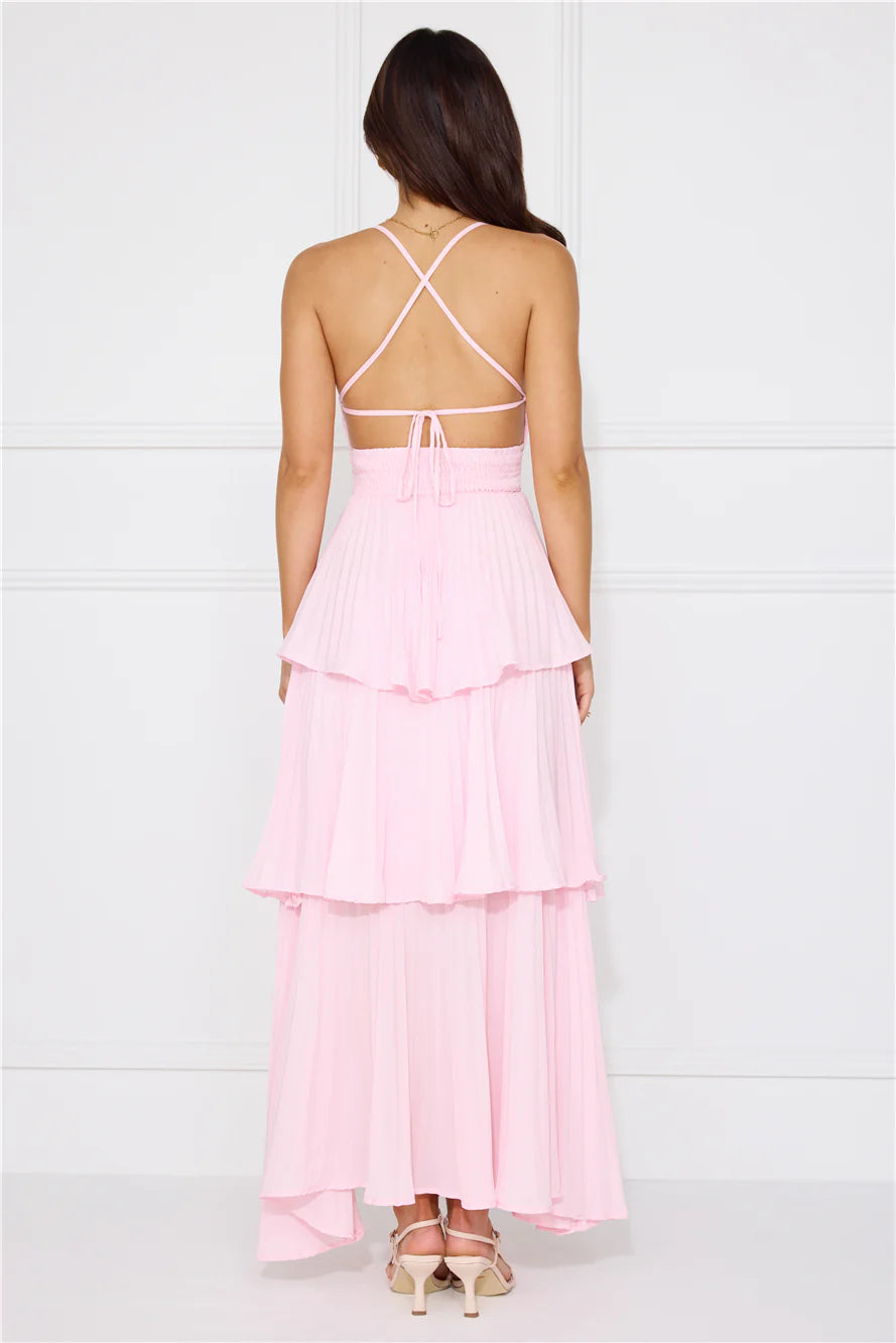 A-line Flowy Tiered Sleeveless Chiffon Maxi Pleated Cross-Back Bridesmaid Dress