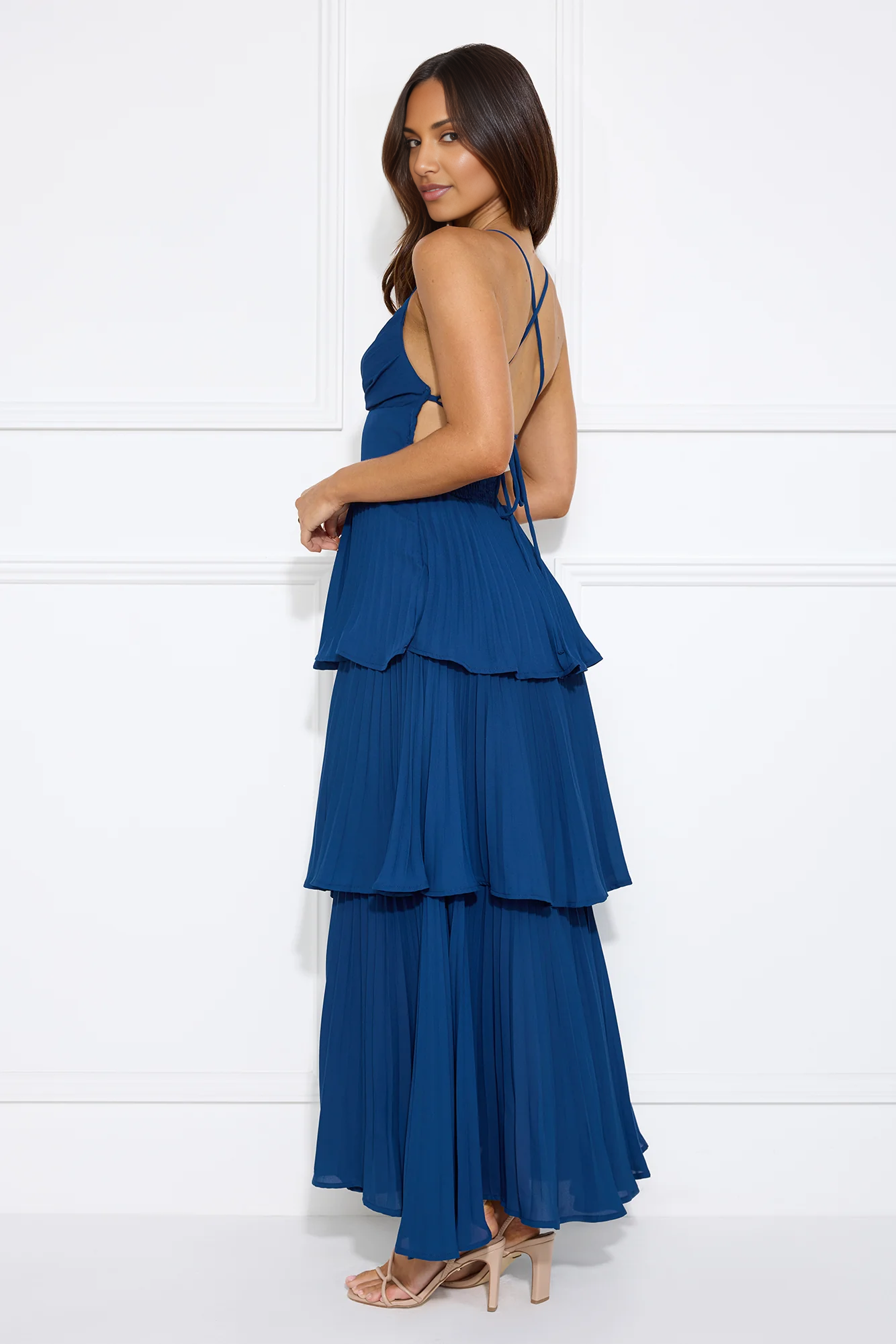 A-line Flowy Tiered Sleeveless Chiffon Maxi Pleated Cross-Back Bridesmaid Dress