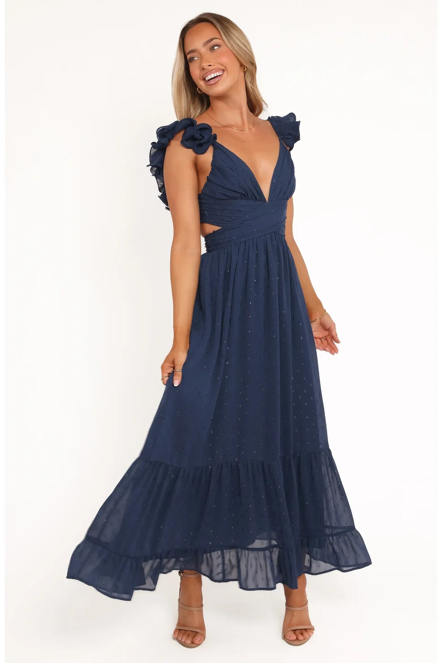 Flowy Tiered Midi Deep V Ruffle Strap Cross Wrap Waist Side Cutout Criss Cross Lace-Up Back Swiss Dot Chiffon Casual Formal Dress