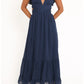 Flowy Tiered Midi Deep V Ruffle Strap Cross Wrap Waist Side Cutout Criss Cross Lace-Up Back Swiss Dot Chiffon Casual Formal Dress