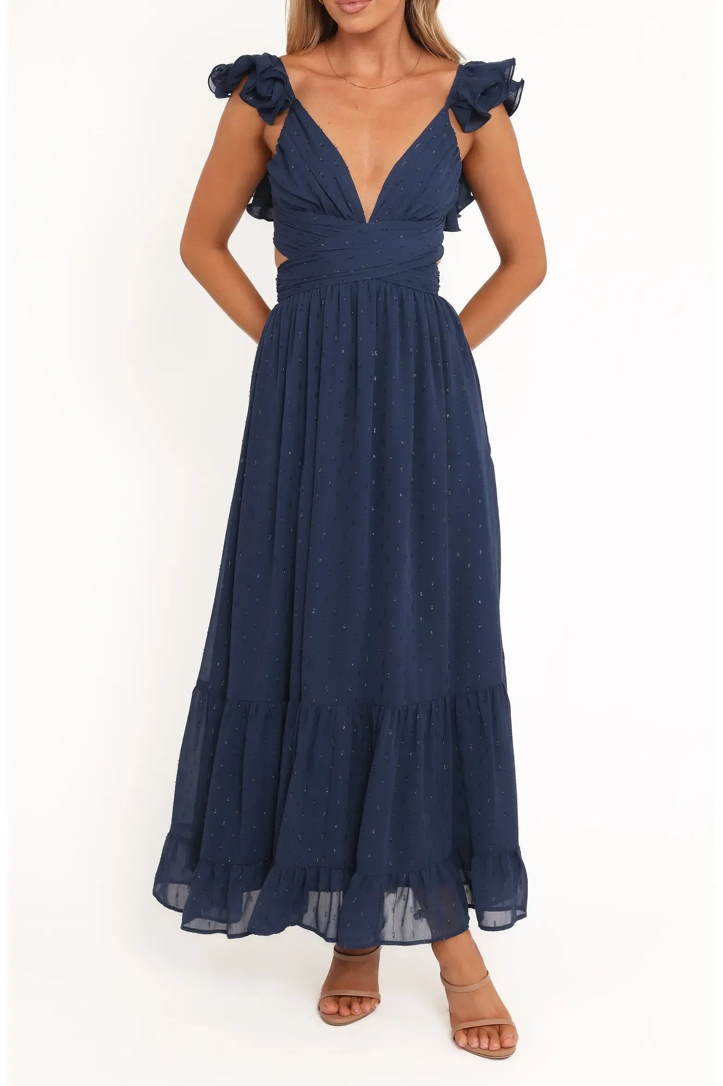 Flowy Tiered Midi Deep V Ruffle Strap Cross Wrap Waist Side Cutout Criss Cross Lace-Up Back Swiss Dot Chiffon Casual Formal Dress