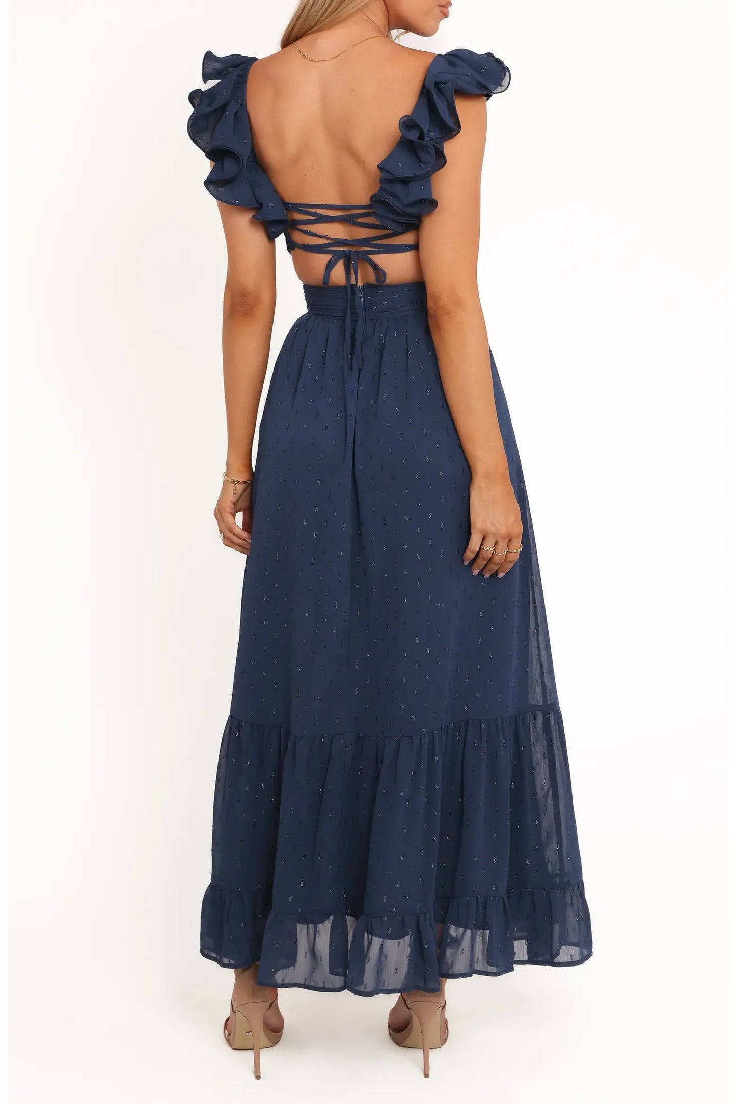 Flowy Tiered Midi Deep V Ruffle Strap Cross Wrap Waist Side Cutout Criss Cross Lace-Up Back Swiss Dot Chiffon Casual Formal Dress