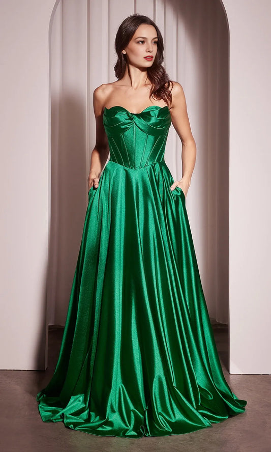 Glamorous A-Line Sweetheart Strapless Satin Floor-Length Corset High Slit Evening Dress
