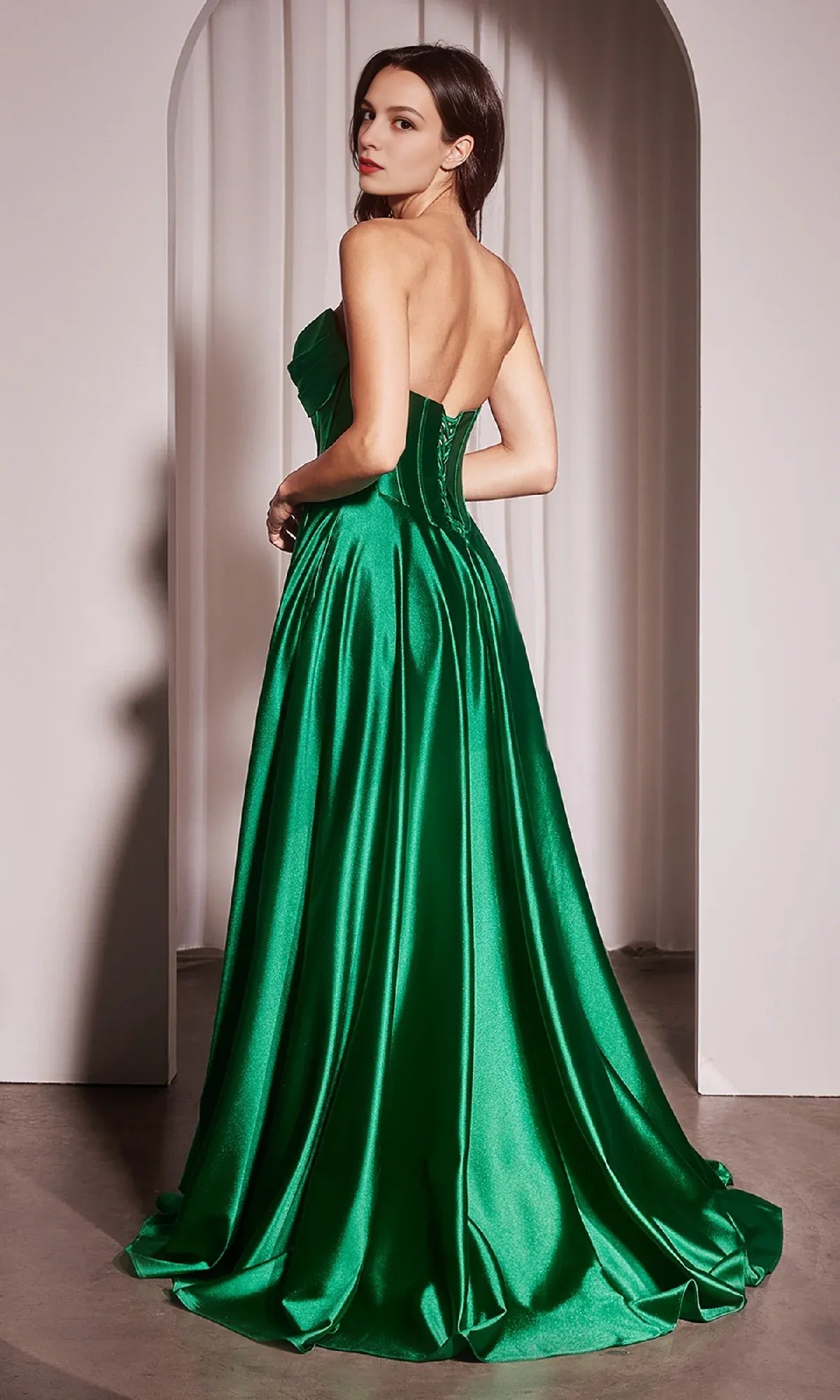 Glamorous A-Line Sweetheart Strapless Satin Floor-Length Corset High Slit Evening Dress