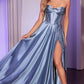 Glamorous A-Line Sweetheart Strapless Satin Floor-Length Corset High Slit Evening Dress