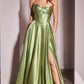 Glamorous A-Line Sweetheart Strapless Satin Floor-Length Corset High Slit Evening Dress