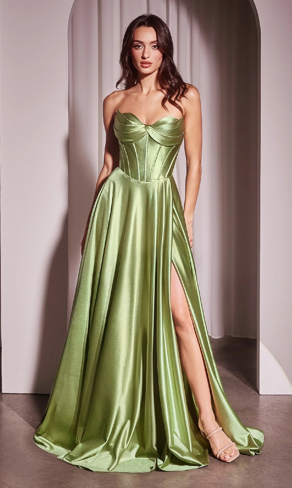 Glamorous A-Line Sweetheart Strapless Satin Floor-Length Corset High Slit Evening Dress