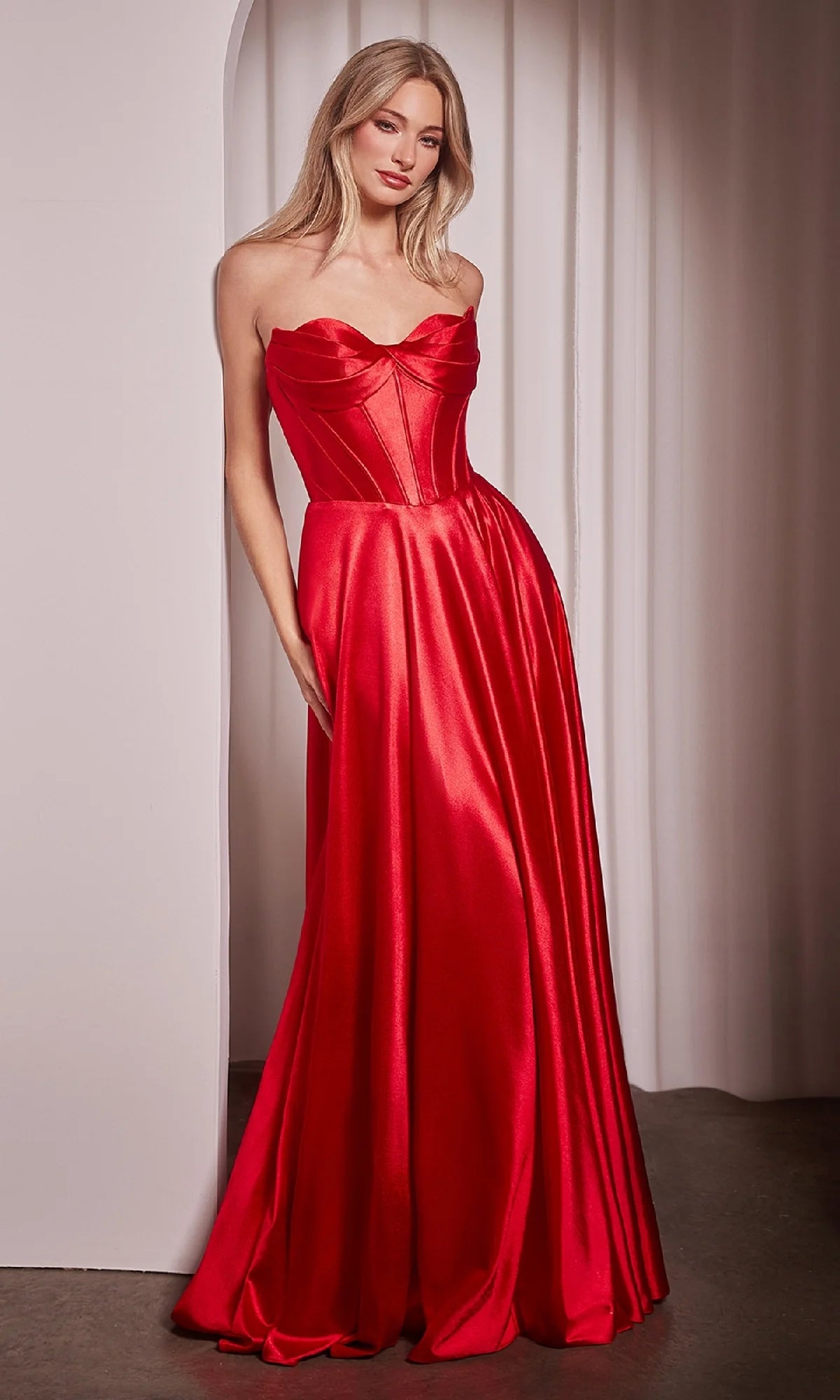 Glamorous A-Line Sweetheart Strapless Satin Floor-Length Corset High Slit Evening Dress