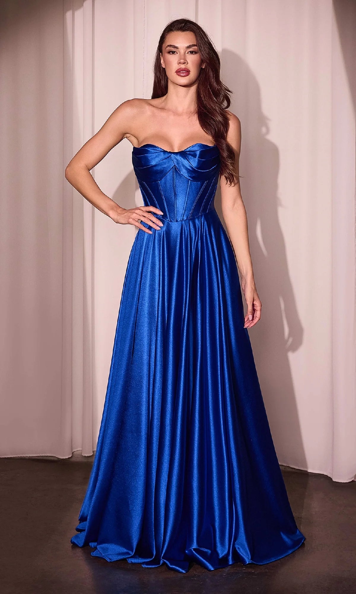 Glamorous A-Line Sweetheart Strapless Satin Floor-Length Corset High Slit Evening Dress