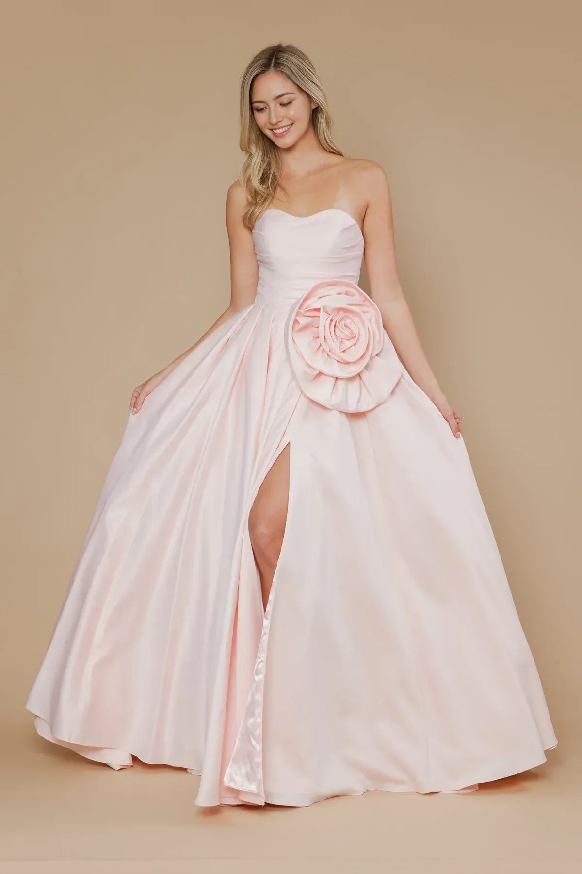 Glamorous Ballgown Sweetheart Strapless Satin Floor-Length Flower Slit Prom Dress