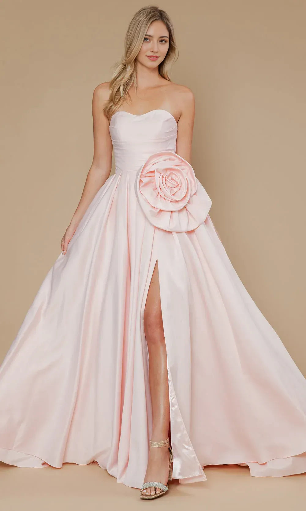 Glamorous Ballgown Sweetheart Strapless Satin Floor-Length Flower Slit Prom Dress