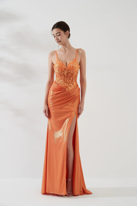 Glamorous Mermaid Sweetheart Sleeveless Shimmer Floor Length Lace-up Slit Evening Gown