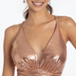 Glamorous Mermaid V-Neck Sleeveless Metallic Floor-Length Ruched High-Slit Prom Dress