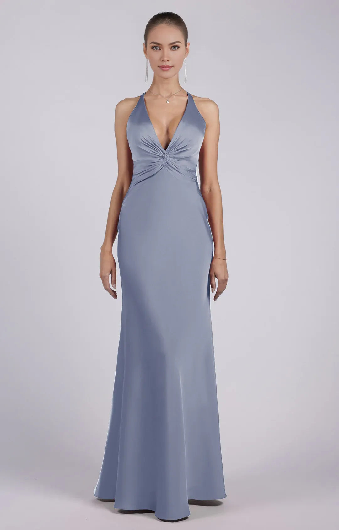 Glamorous Sheath Plunging V-neck Sleeveless Satin Floor-length Twist-front Evening Gown