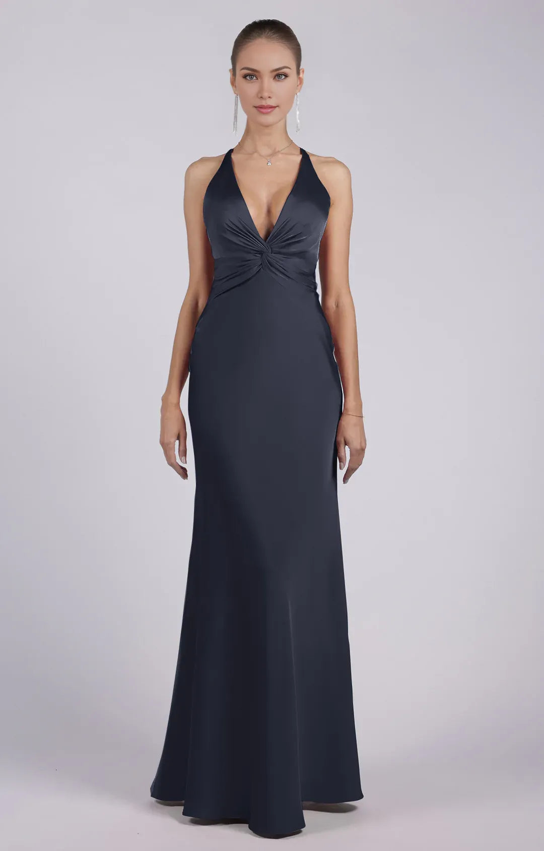 Glamorous Sheath Plunging V-neck Sleeveless Satin Floor-length Twist-front Evening Gown