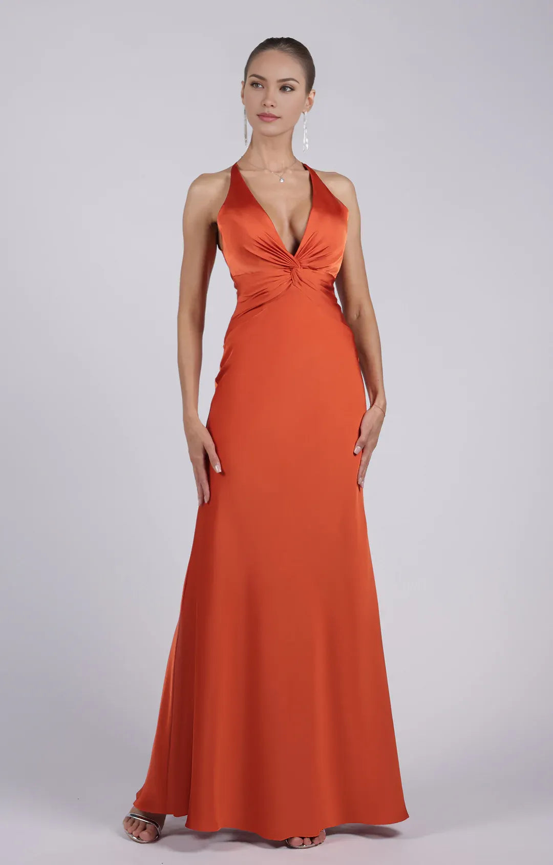Glamorous Sheath Plunging V-neck Sleeveless Satin Floor-length Twist-front Evening Gown