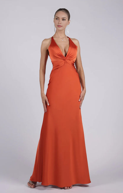 Glamorous Sheath Plunging V-neck Sleeveless Satin Floor-length Twist-front Evening Gown