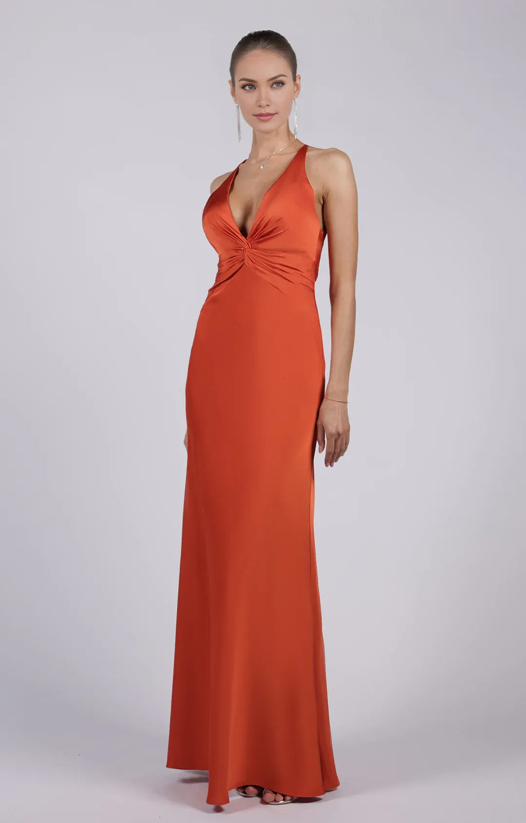 Glamorous Sheath Plunging V-neck Sleeveless Satin Floor-length Twist-front Evening Gown