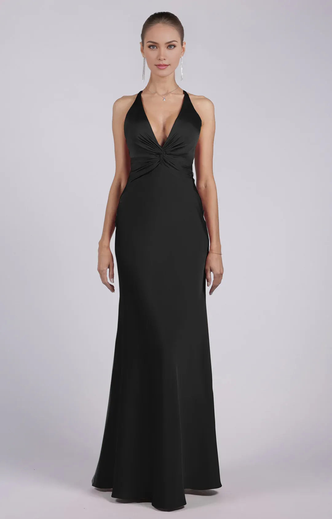 Glamorous Sheath Plunging V-neck Sleeveless Satin Floor-length Twist-front Evening Gown
