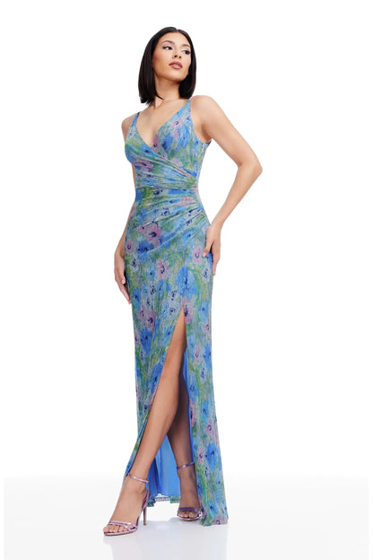Glamorous Floor-Length Sheath Surplice V-Neck Sleeveless Metallic Floral Ruched Waist Side Slit Formal Evening Gown