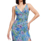Glamorous Floor-Length Sheath Surplice V-Neck Sleeveless Metallic Floral Ruched Waist Side Slit Formal Evening Gown