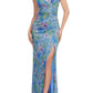 Glamorous Floor-Length Sheath Surplice V-Neck Sleeveless Metallic Floral Ruched Waist Side Slit Formal Evening Gown