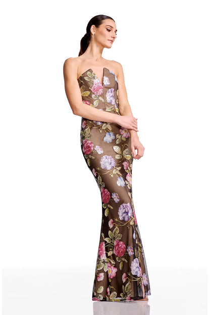 Glamorous Mermaid Strapless Notched Neck Mesh Sequin Floral Embroidered Formal Evening Gown