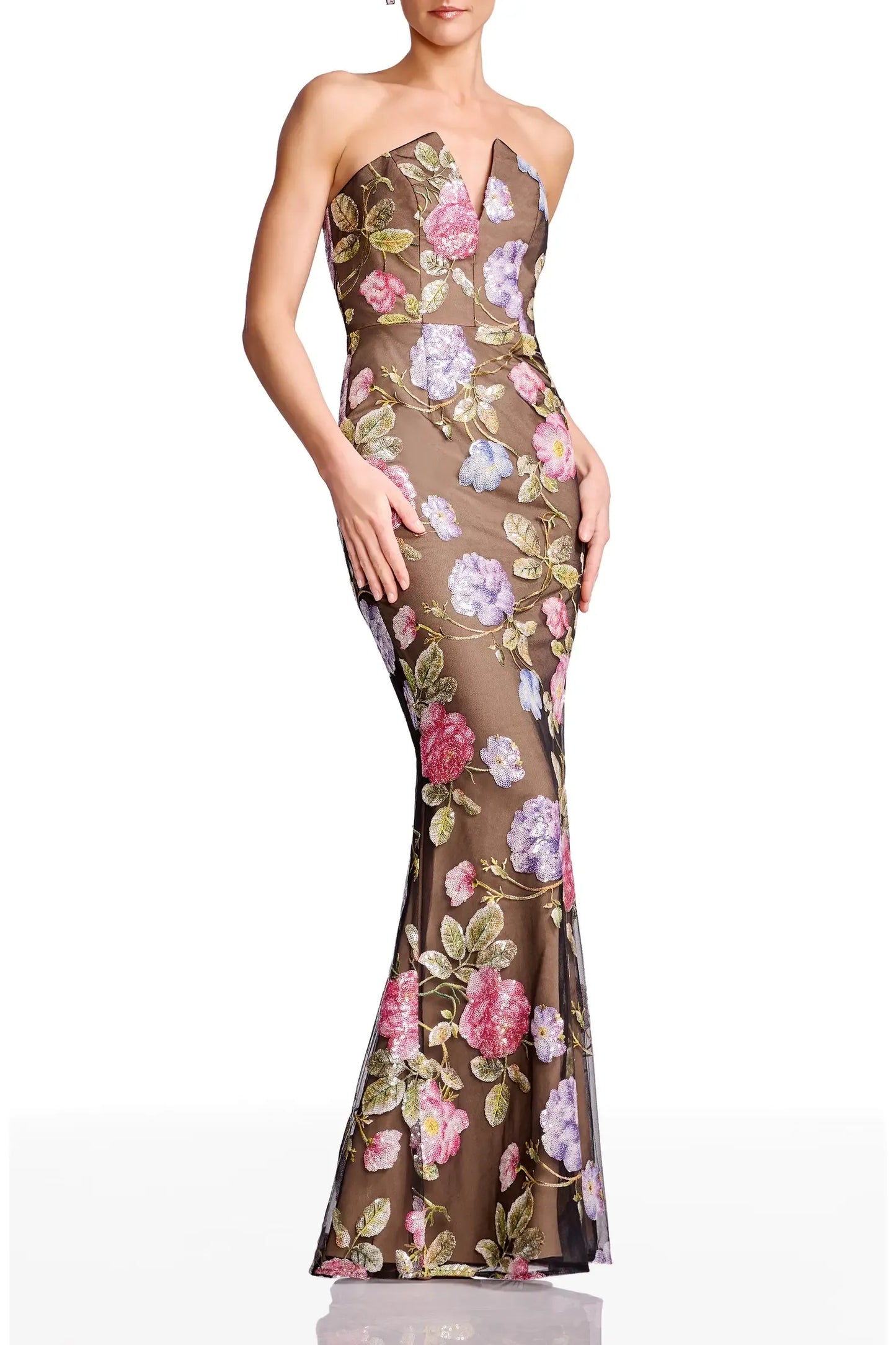 Glamorous Mermaid Strapless Notched Neck Mesh Sequin Floral Embroidered Formal Evening Gown