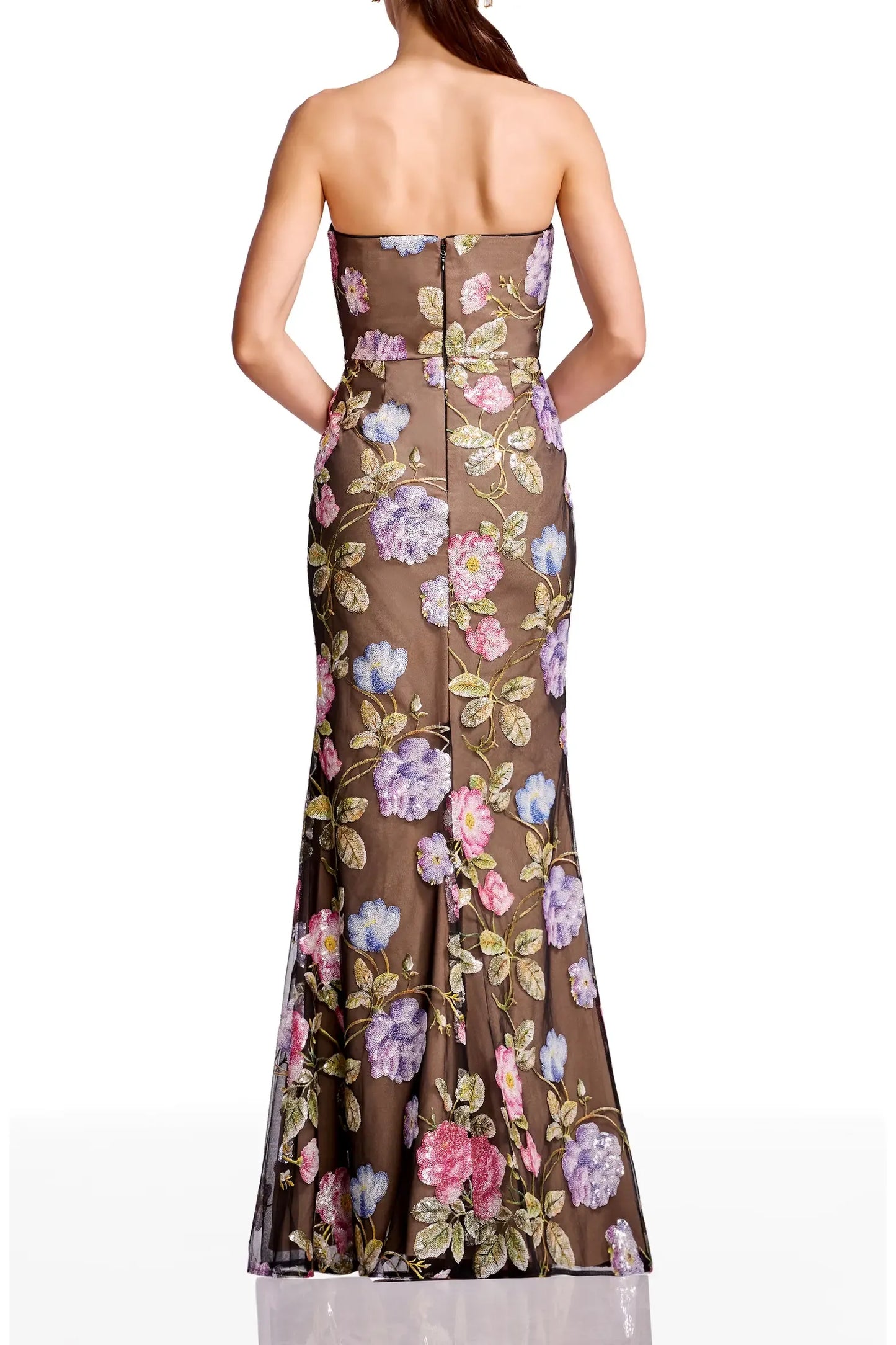Glamorous Mermaid Strapless Notched Neck Mesh Sequin Floral Embroidered Formal Evening Gown