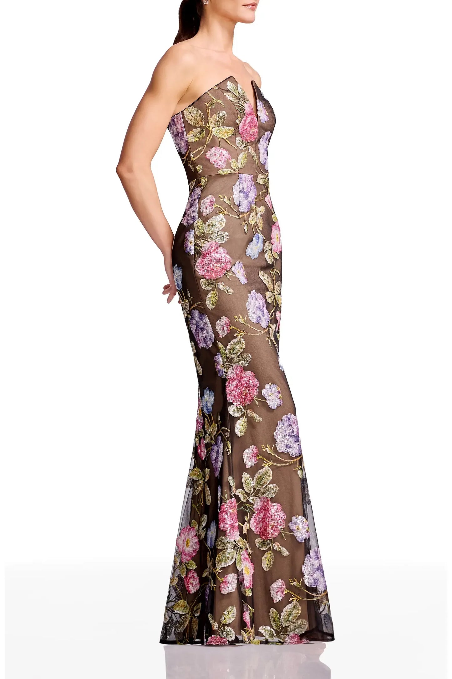 Glamorous Mermaid Strapless Notched Neck Mesh Sequin Floral Embroidered Formal Evening Gown