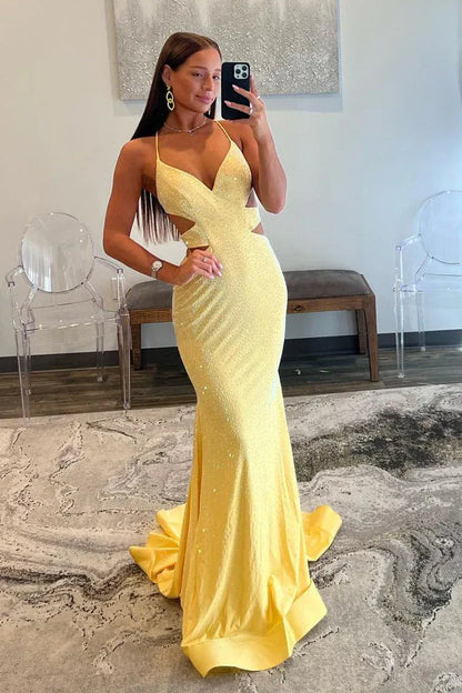 Glitter Jersey Mermaid Thin Strap V Cutout Crisscross Lace-Up Train Prom Gown