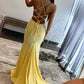 Glitter Jersey Mermaid Thin Strap V Cutout Crisscross Lace-Up Train Prom Gown