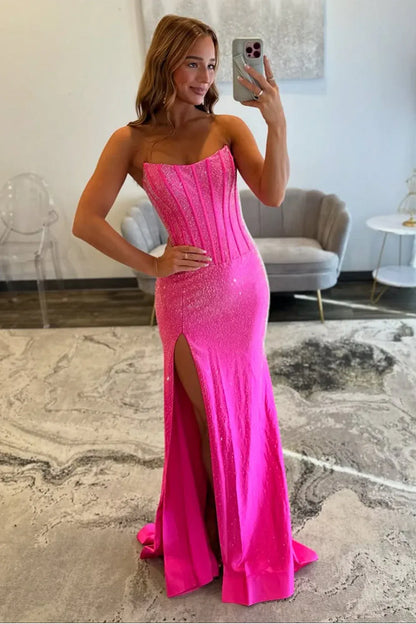 Glitter Mesh Mermaid Strapless Vertical Corset Slit Train Prom Gown