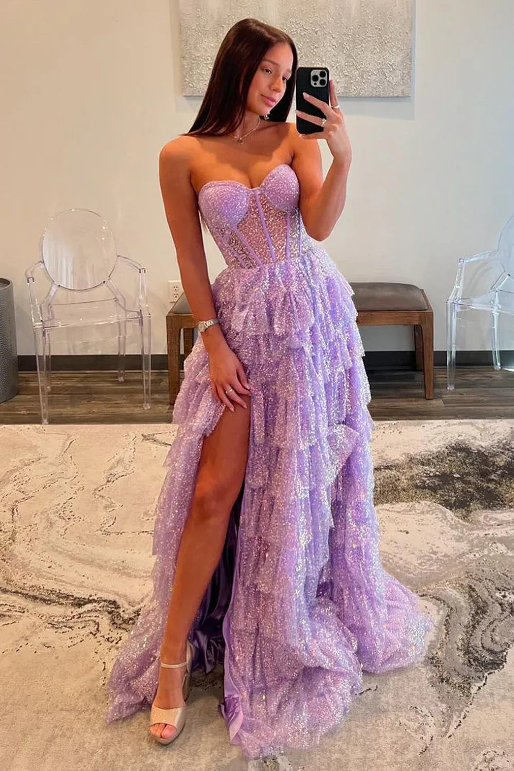 Glitter Tiered Ball Strapless Sweetheart Corset Zip Slit Train Prom Gown