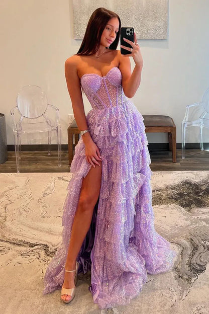 Glitter Tiered Ball Strapless Sweetheart Corset Zip Slit Train Prom Gown