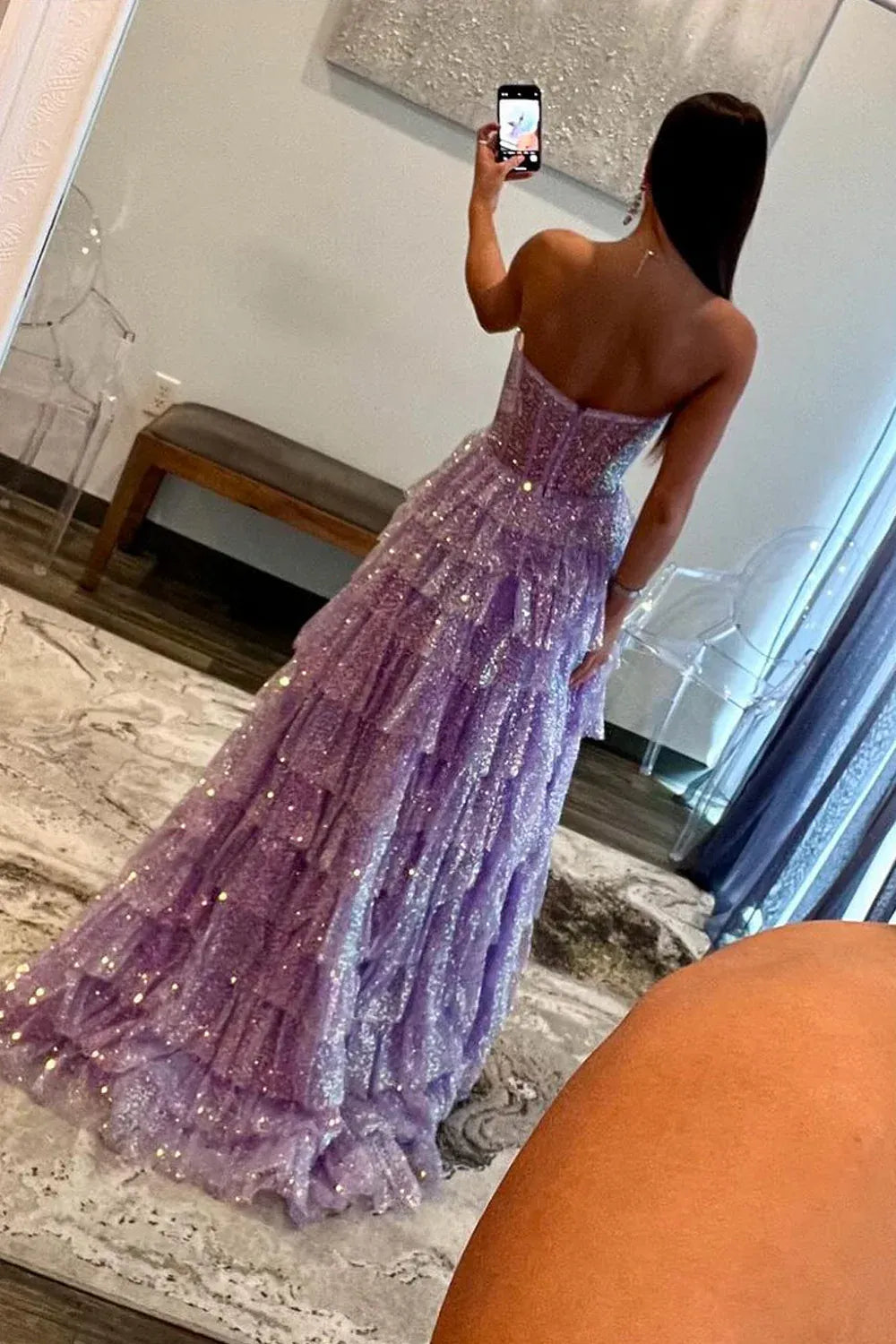 Glitter Tiered Ball Strapless Sweetheart Corset Zip Slit Train Prom Gown