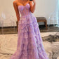 Glitter Tiered Ball Strapless Sweetheart Corset Zip Slit Train Prom Gown