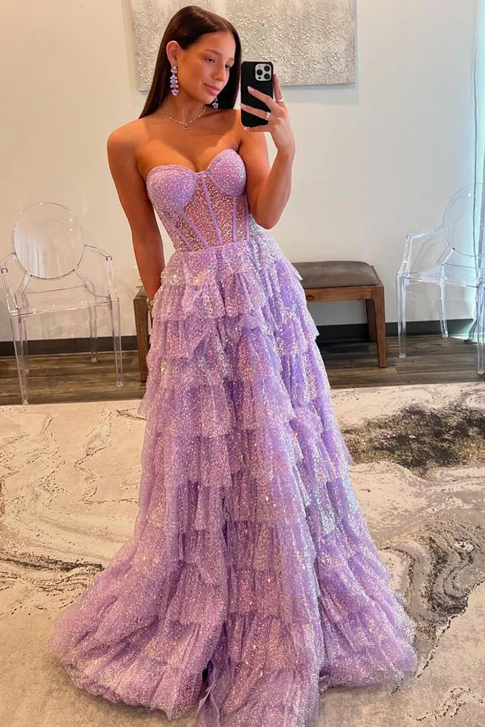 Glitter Tiered Ball Strapless Sweetheart Corset Zip Slit Train Prom Gown