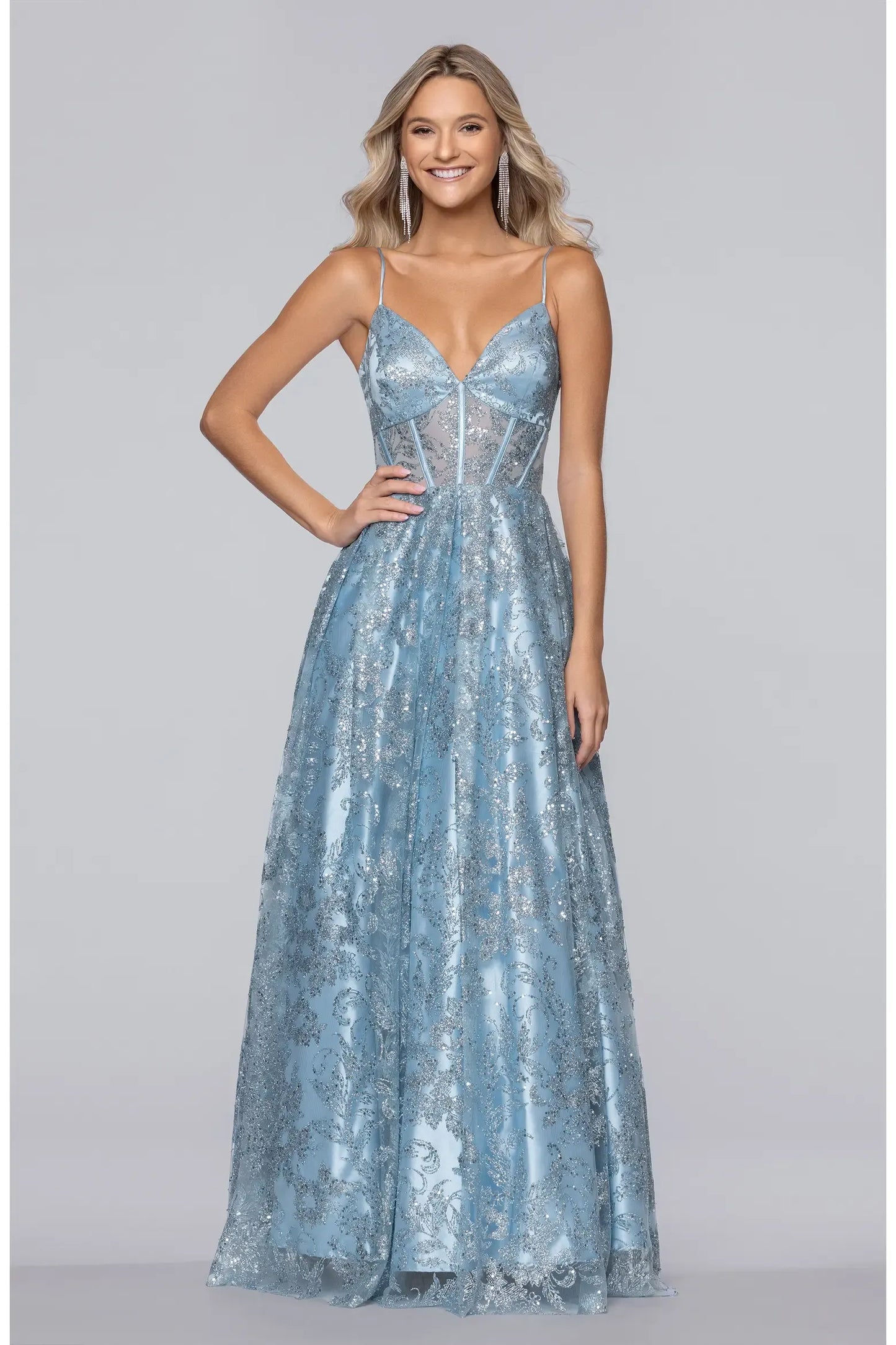 Glitter Lace Maxi V Thin Strap Lace Up A-line Prom Dress