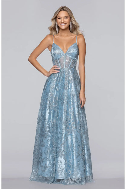 Glitter Lace Maxi V Thin Strap Lace Up A-line Prom Dress
