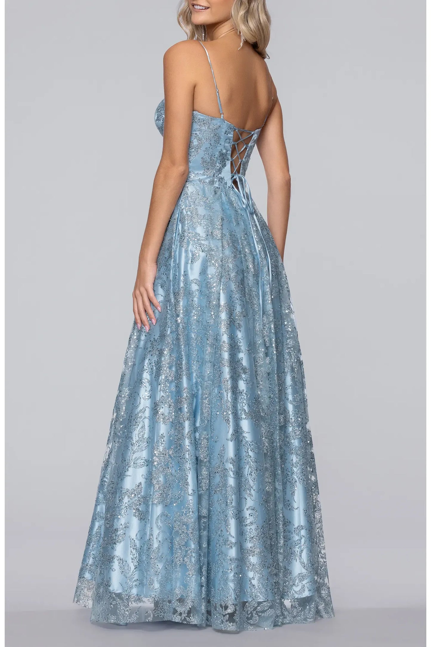 Glitter Lace Maxi V Thin Strap Lace Up A-line Prom Dress
