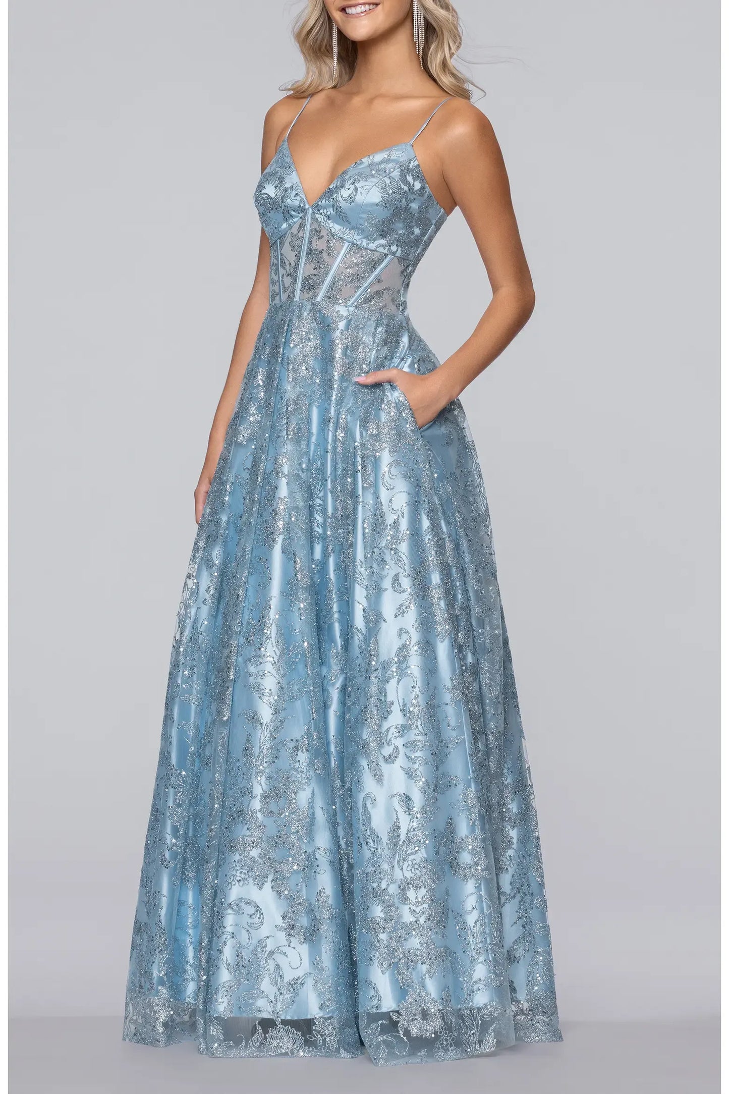 Glitter Lace Maxi V Thin Strap Lace Up A-line Prom Dress