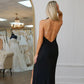 Halter Cowl Neck Allover Shimmering Studded Backless High Slit Floor Length Evening Gown