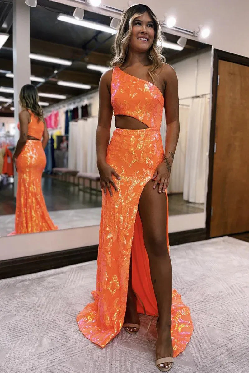 Iridescent Mermaid One Shoulder Sleeveless Cutout Floor Length Prom Gown