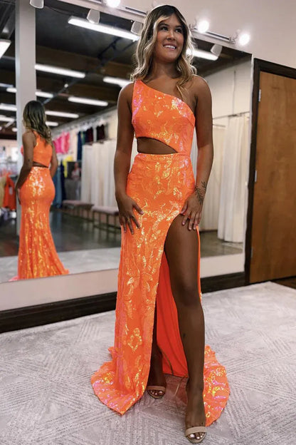 Iridescent Mermaid One Shoulder Sleeveless Cutout Floor Length Prom Gown