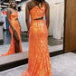Iridescent Mermaid One Shoulder Sleeveless Cutout Floor Length Prom Gown