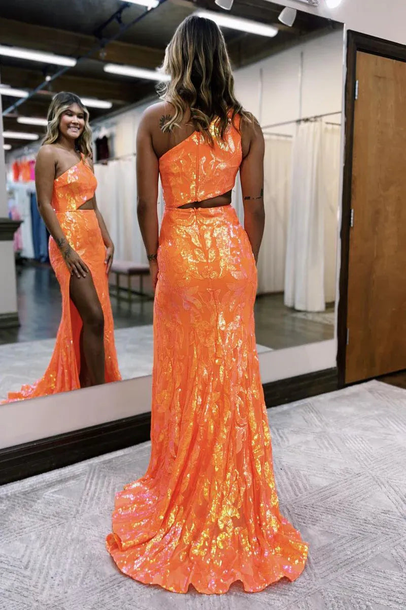 Iridescent Mermaid One Shoulder Sleeveless Cutout Floor Length Prom Gown