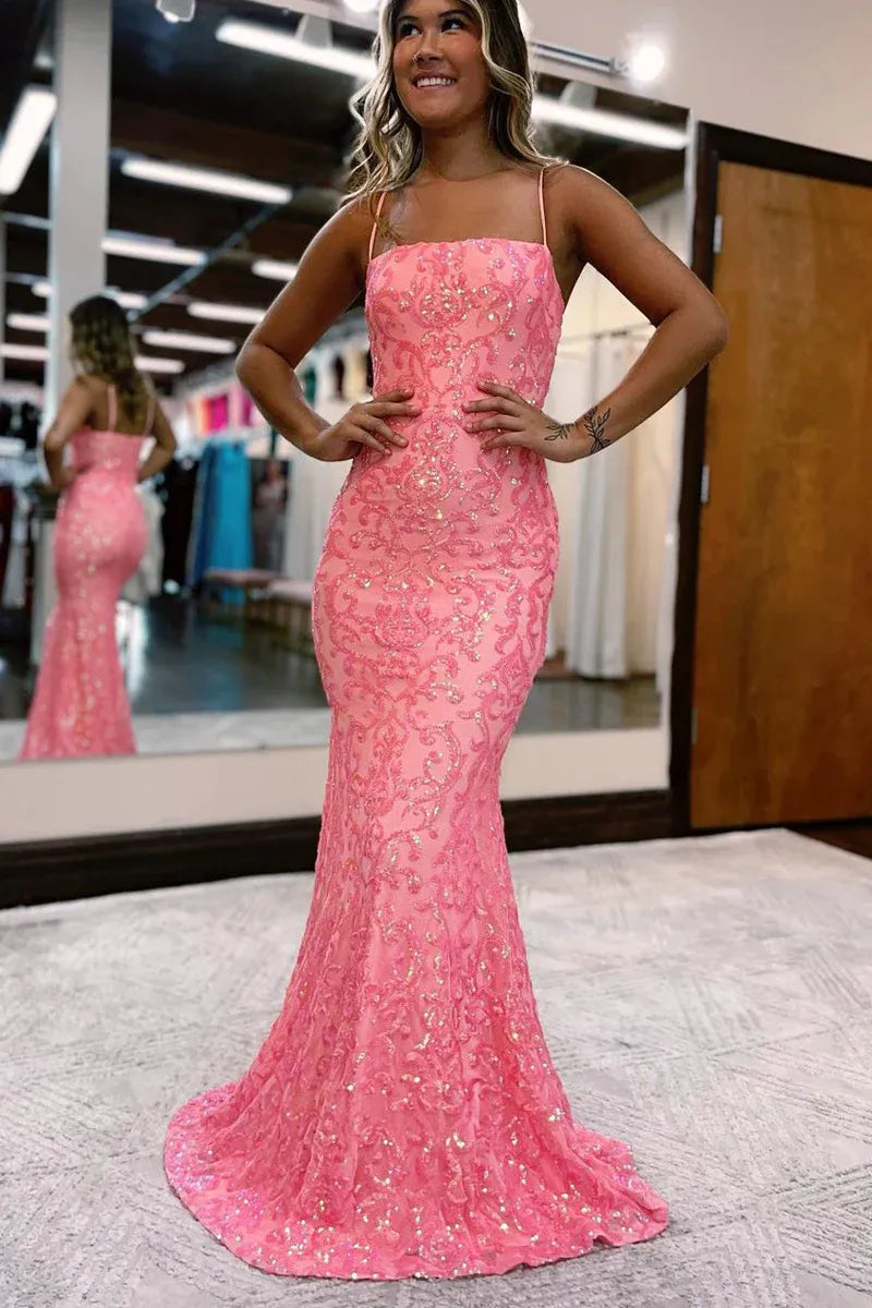 Lace Mermaid Square Spaghetti Straps Zipper Back Floor Length Prom Gown